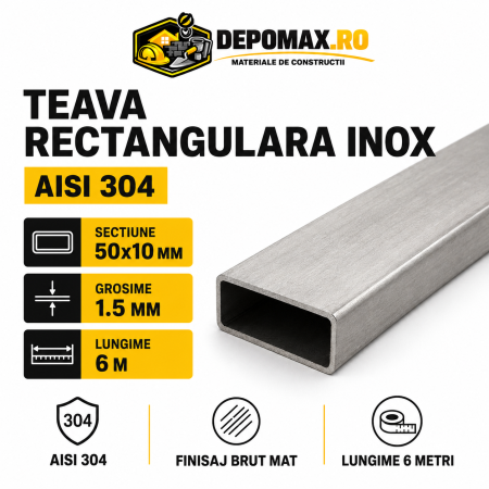 Teava rectangulara inox AISI 304, 50 x 10 x 1.5 mm, 6 metri